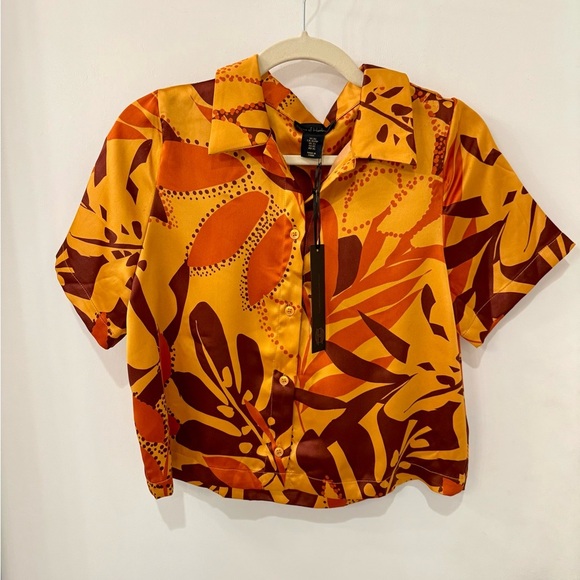 House Of Harlow Satin Button Down ShortSleeve Tropical Boho Retro Top Blouse- XS - Picture 1 of 8
